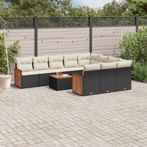Salon de Jardin 11 Pièces Noir Résine Tressée avec Table Acacia et Coussins Crème - Ensemble Modulaire Jardin Terrasse (1/5)