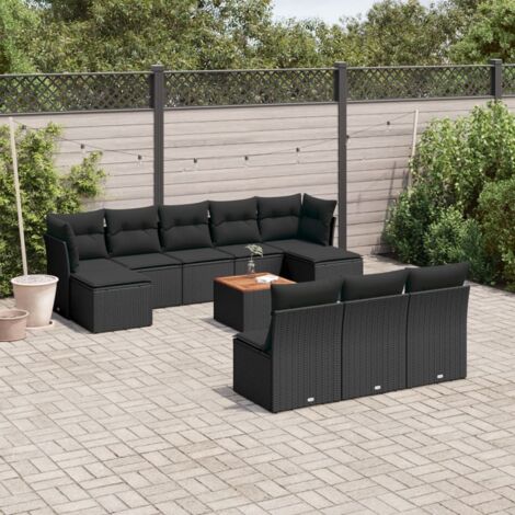 Ensemble Salon Jardin 11 Pièces Noir Résine Tressée avec Coussins - Table Acacia, Meuble Extérieur Modulaire (1/3)