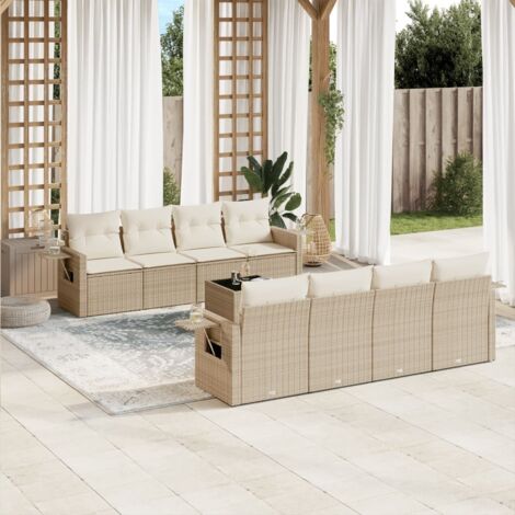 Ensemble Salon Jardin 9 Places Résine Tressée Beige avec Coussins - Canapé Modulaire, Table et Espace Rangement - Mobilier Extérieur Durable (1/3)