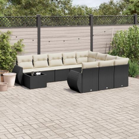 Ensemble Salon Jardin 11 Pièces Noir Résine Tressée avec Table Verre Trempé et Coussins Détachables - Stockage Intégré (1/3)