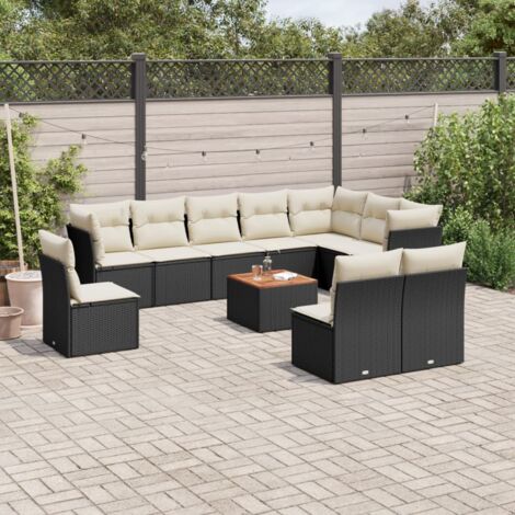 Ensemble Jardin 11 Pièces Résine Tressée Noir avec Coussins Crème - Salon d'Extérieur Modulaire Table Acacia (1/3)
