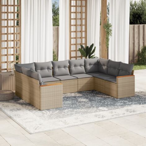 Salon de Jardin 9 Places en Résine Tressée Beige avec Coussins Gris - Ensemble Modulaire avec Rangement et Housses Lavables (1/3)