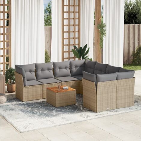 Ensemble Salon Jardin 9 Places Résine Tressée Beige avec Coussins Gris - Canapés d'Angle et Central, Table Acacia, Modulaire (1/3)