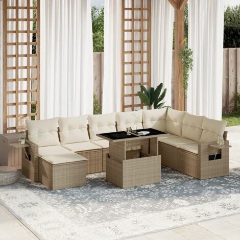 Salon de Jardin 9 Places en Résine Tressée Beige avec Coussins - Table Réglable et Mobilier d'Extérieur Modulaire (1/5)