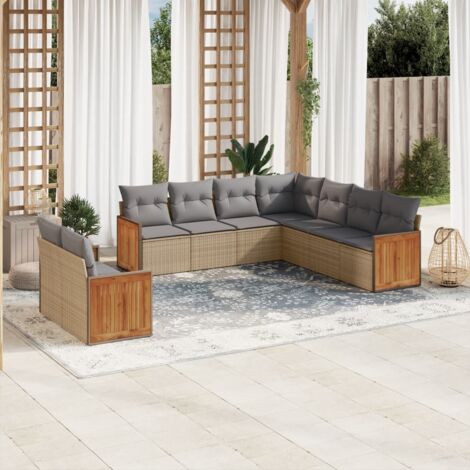Ensemble Salon Jardin 9 Places Résine Tressée Beige avec Coussins Gris - Mobilier Extérieur Modulaire avec Rangement et Housse Lavable (1/3)