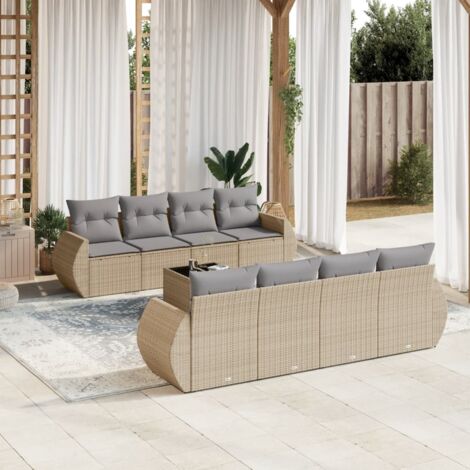 Ensemble Salon Jardin 9 Places Résine Tressée Beige avec Table Verre Trempé et Coussins Gris Lavables (1/3)