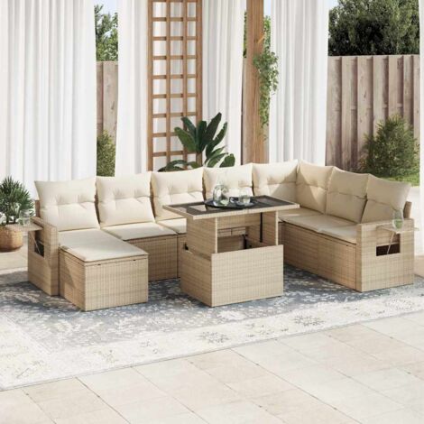Ensemble Salon Jardin 9 Places Résine Tressée Beige avec Table Réglable et Coussins Lavables (1/5)