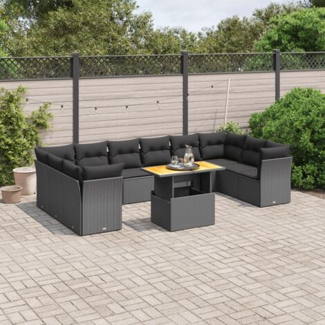 Ensemble Salon Jardin 11 Pièces Résine Tressée Noir avec Table Acacia et Coussins Lavables (1/3)