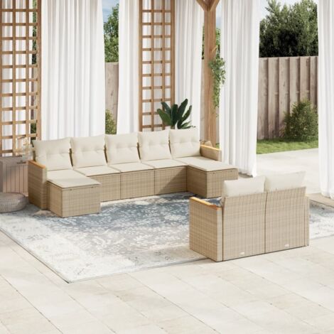 Ensemble Salon Jardin 9 Places Résine Tressée Beige avec Coussins Lavables et Rangement Intégré (1/3)