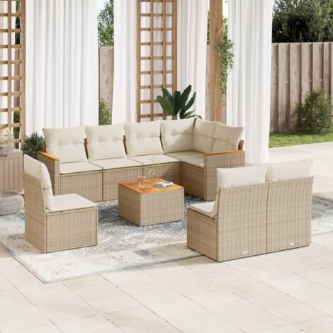 Ensemble Salon Jardin 9 Places Résine Tressée Beige avec Coussins Blanc Crème - Table Acacia et Rangement Intégré (1/3)