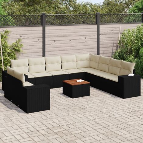 Ensemble Salon Jardin 11 Pièces Noir Résine Tressée avec Coussins Crème - Mobilier Extérieur Modulaire avec Rangement (1/3)