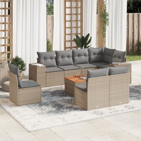 Ensemble Salon Jardin 9 Places Résine Tressée Beige avec Coussins Gris - Table Acacia, Modulaire, Résistant aux UV (1/3)