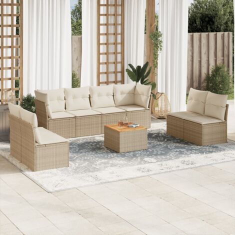 Ensemble Salon Jardin 9 Places Résine Tressée Beige avec Coussins - Canapés d'Angle et Central, Table Acacia (1/3)