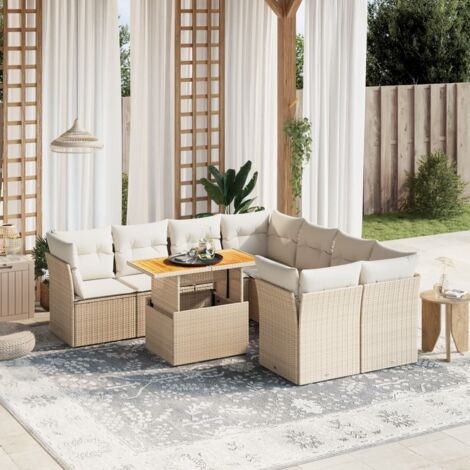 Ensemble Salon Jardin 9 Places Résine Tressée Beige avec Coussins - Table Réglable et Modulaire (1/3)