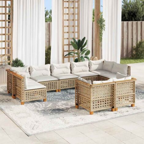Ensemble Salon Jardin 9 Places Résine Tressée Beige avec Coussins Amovibles - Canapé d'Angle et Central Modulable pour Terrasse (1/5)