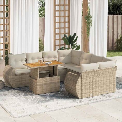 Ensemble Salon Jardin 9 Places Résine Tressée Beige avec Coussins Amovibles, Table Réglable et Rangement Intégré (1/5)