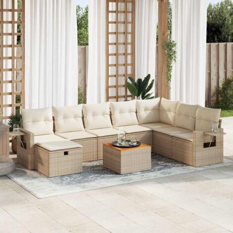 Salon de Jardin 9 Places en Résine Tressée Beige avec Coussins - Ensemble Modulaire avec Table et Rangement Intégré (1/5)