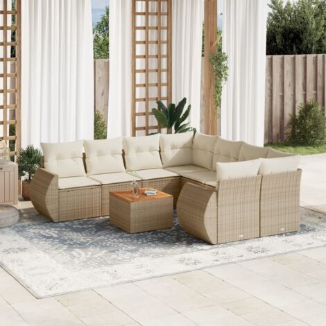 Ensemble Salon Jardin 9 Places Résine Tressée Beige avec Coussins - Table Acacia, Modulaire, Résistant aux UV (1/5)