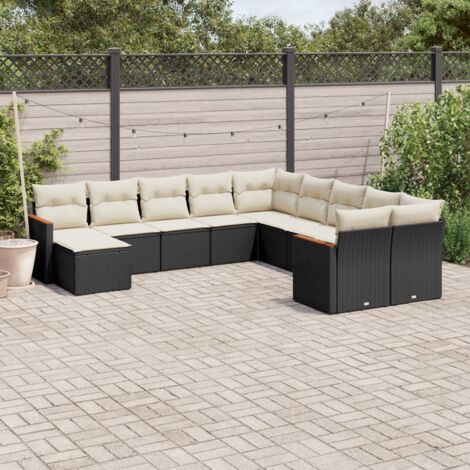Ensemble salon jardin 11 places noir résine tressée avec coussins crème - 2 sièges d'angle rotin, 6 centraux, 2 acacia, 1 repose-pied - Stockage intégré (1/3)
