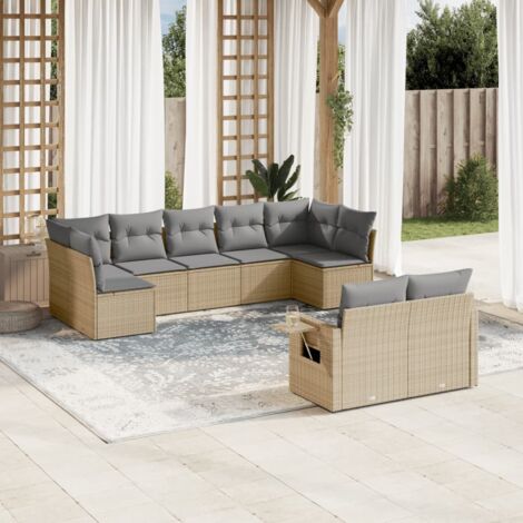 Ensemble Salon Jardin 9 Places Résine Tressée Beige avec Coussins Gris - Mobilier Extérieur Modulaire avec Tables d'Appoint (1/5)