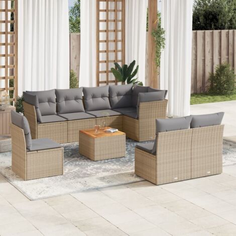 Ensemble Salon Jardin 9 Places Résine Tressée Beige avec Coussins Gris - Canapés d'Angle et Central + Table Acacia (1/3)
