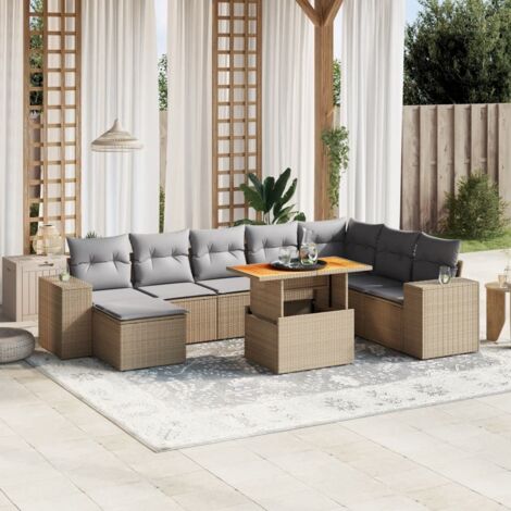 Ensemble Salon Jardin 9 Places Résine Tressée Beige avec Coussins Gris, Table Réglable et Mobilier Modulaire (1/3)