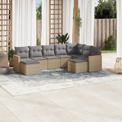 Ensemble Salon Jardin 9 Places Résine Tressée Beige avec Coussins Gris - Stockage Intégré, Modulaire, Housse Lavable (1/3)