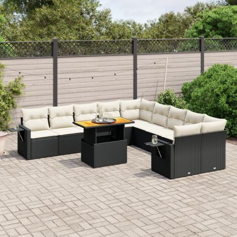 Ensemble de jardin 11 pièces noir résine tressée avec coussins - Salon extérieur modulaire table ajustable (1/3)