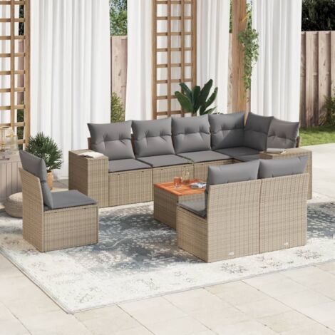 Salon de Jardin 9 Places en Résine Tressée Beige avec Coussins Gris - Ensemble Modulaire avec Table Acacia et Rangement (1/3)