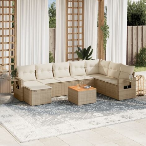 Ensemble Salon Jardin 9 Places Résine Tressée Beige avec Coussins Crème - Canapé d'Angle, Sièges et Table Acacia (1/5)