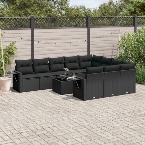 Ensemble Salon Jardin 11 Pièces Résine Tressée Noir avec Coussins - Table Verre Trempé, Mobilier Extérieur Modulaire (1/5)