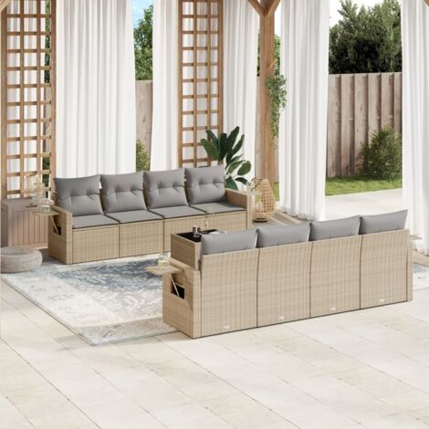 Salon de Jardin 9 Places en Résine Tressée Beige avec Coussins Gris - Ensemble Modulaire avec Table et Rangement Intégré (1/3)