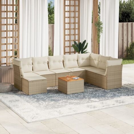 Ensemble de jardin 9 places en résine tressée beige avec coussins - Salon d'extérieur modulaire avec table acacia et repose-pieds (1/3)