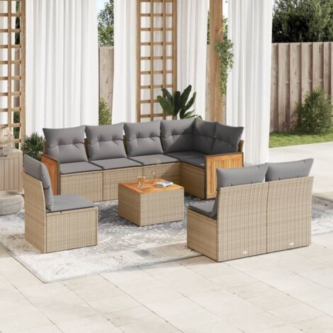 Ensemble salon jardin 9 places résine tressée beige avec coussins gris, table acacia, rangement intégré (1/3)