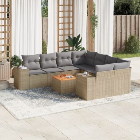 Salon de Jardin 9 Places en Résine Tressée Beige avec Coussins Gris - Table Acacia et Espaces de Rangement Modulables (1/3)