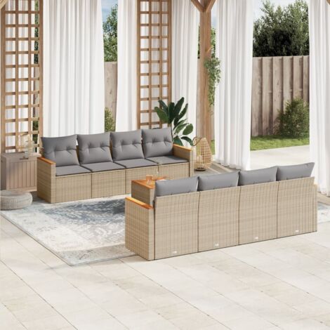 Salon de Jardin 9 Places en Résine Tressée Beige avec Table Acacia et Coussins Gris - Ensemble Modulaire avec Rangement Intégré (1/3)