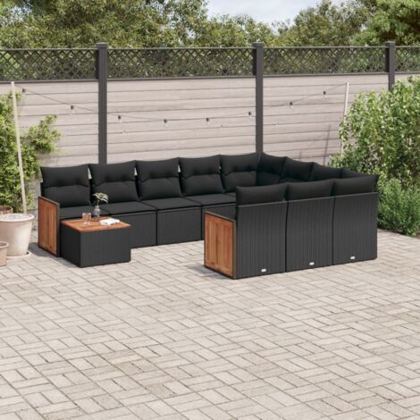 Ensemble Salon Jardin 11 Pièces Résine Tressée Noir avec Coussins - Table Acacia, Sièges Modulaires et Espace Rangement (1/3)