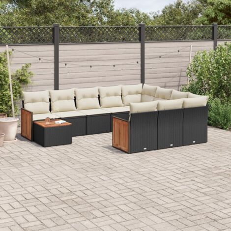 Salon de Jardin 11 Pièces Noir Résine Tressée avec Coussins Crème - Ensemble Modulaire Canapé d'Extérieur en Polyrotin et Table Acacia (1/5)