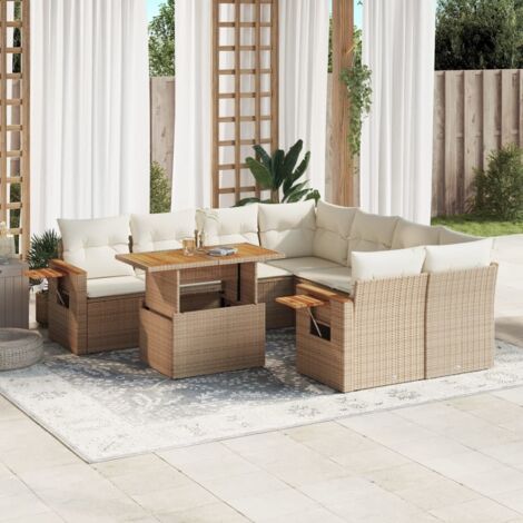 Ensemble Salon Jardin 9 Places Résine Tressée Beige avec Coussins - Table Réglable et Mobilier Modulaire (1/3)