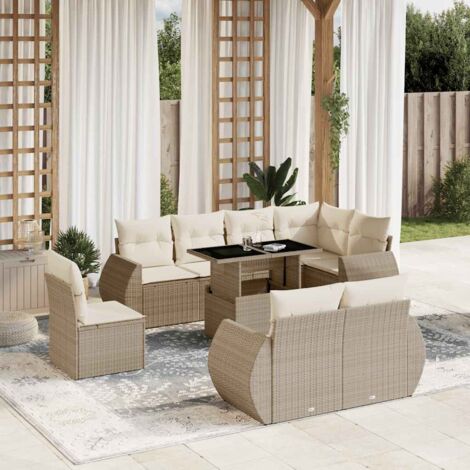 Ensemble Salon Jardin 9 Places Résine Tressée Beige avec Table Réglable et Coussins Amovibles (1/5)