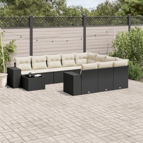 Salon de Jardin 11 Pièces Noir Résine Tressée avec Table Verre Trempé et Coussins Crème - Ensemble Modulaire avec Rangement Intégré (1/3)