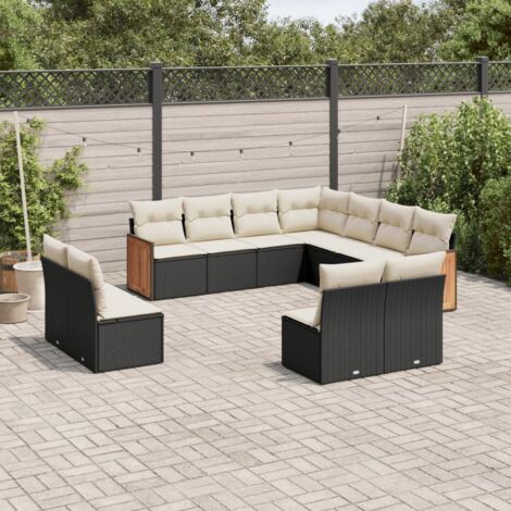 Ensemble Salon Jardin 11 Pièces Noir Résine Tressée avec Coussins Crème - Mobilier Extérieur Modulaire avec Rangement (1/3)