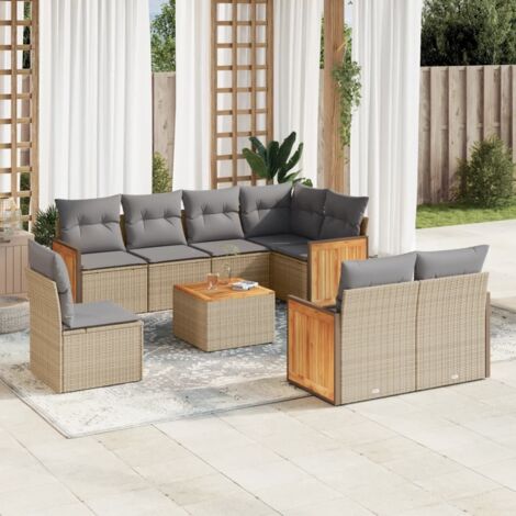 Ensemble Salon Jardin 9 Places Résine Tressée Beige avec Coussins Gris et Table Acacia - Meuble Extérieur Modulaire (1/5)