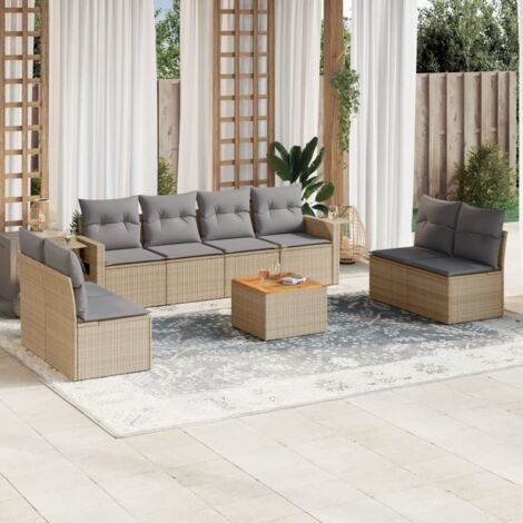 Ensemble Salon Jardin 9 Places Résine Tressée Beige avec Coussins Gris - Table Acacia et Structure Acier (1/5)
