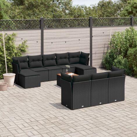 Salon de Jardin 11 Pièces Noir Résine Tressée avec Table Acacia et Coussins - Ensemble Modulaire avec Rangement (1/5)