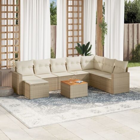 Salon de Jardin 9 Places en Résine Tressée Beige avec Coussins Crème - Table Acacia et Espaces de Rangement (1/5)