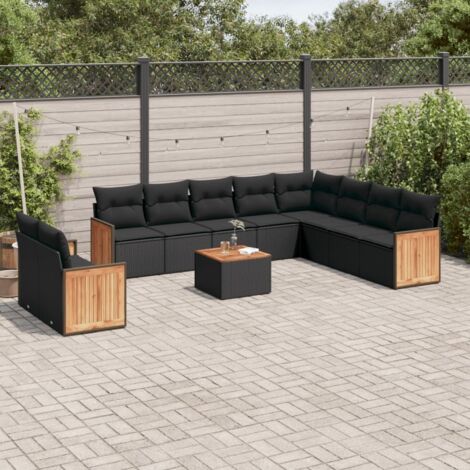 Ensemble Salon Jardin 11 Pièces Noir Résine Tressée avec Coussins - Canapé d'Angle, Table Acacia, Modulaire (1/5)