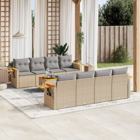 Ensemble Salon Jardin 9 Places Résine Tressée Beige avec Coussins Gris - Canapé Modulaire, Table Acacia et Mobilier d'Extérieur (1/5)