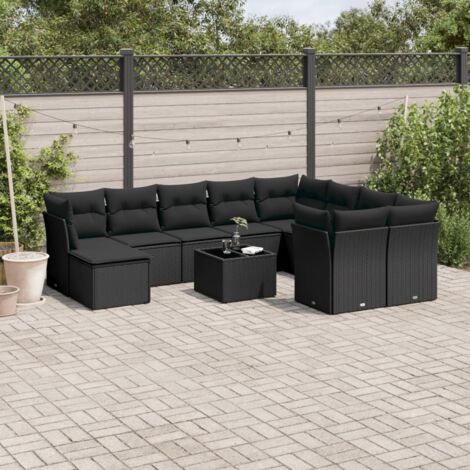 Ensemble Jardin 11 Pièces Noir Résine Tressée avec Coussins, Table Verre Trempé, Rangement Intégré, Modulaire, Résistant aux Intempéries (1/3)