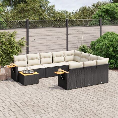 Ensemble de jardin 11 places en résine tressée noire avec table acacia et coussins crème - Salon modulaire extérieur avec repose-bras intégré (1/5)